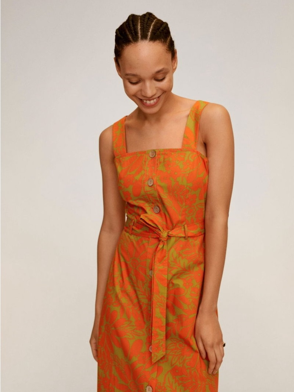 Mango Tropical Print Button Front Midi Dress Cotton Floral Orange Green Size 4 - Picture 2 of 9